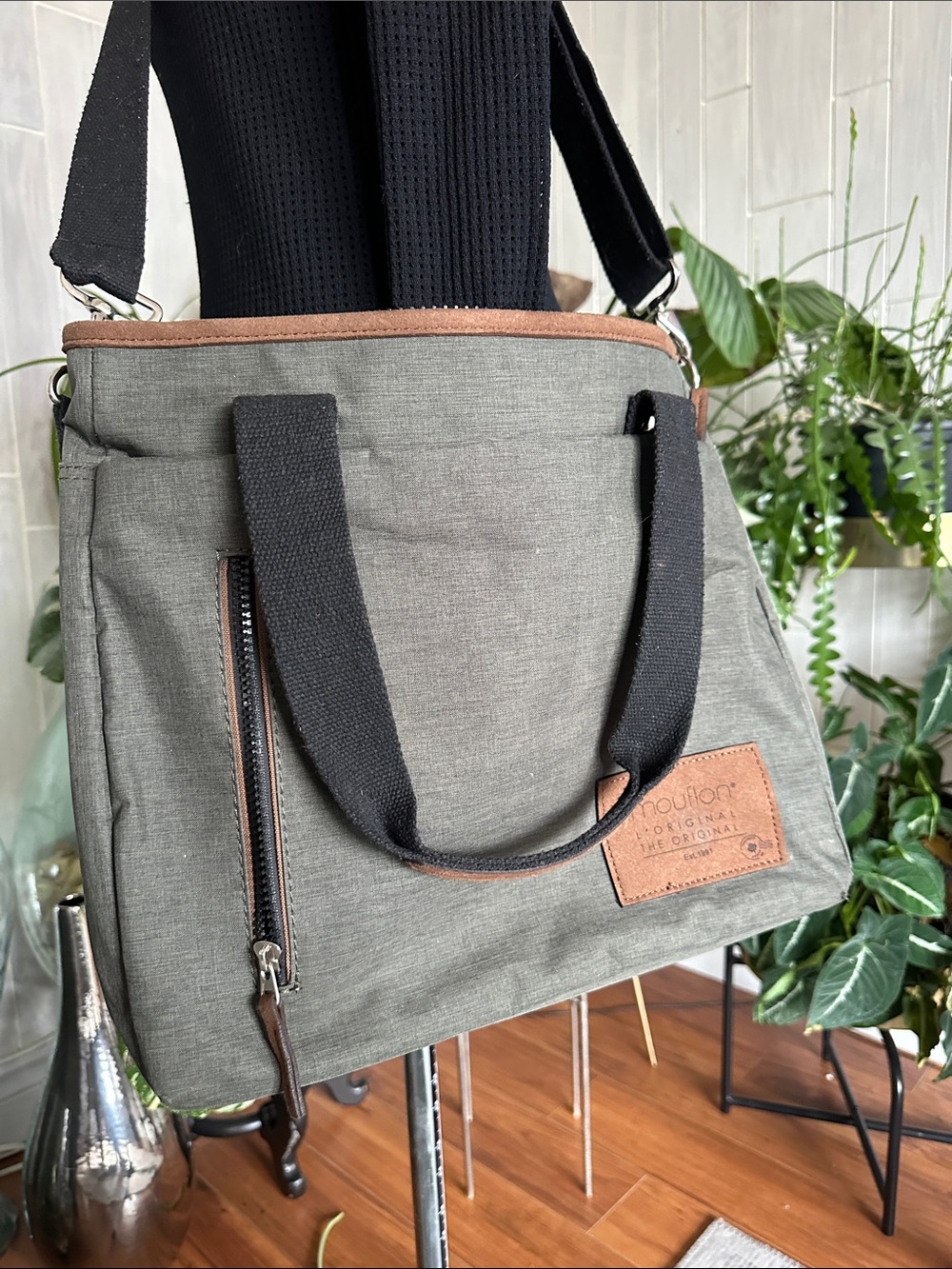 Canvas Shoulder Bag with Brown Trim - Gray